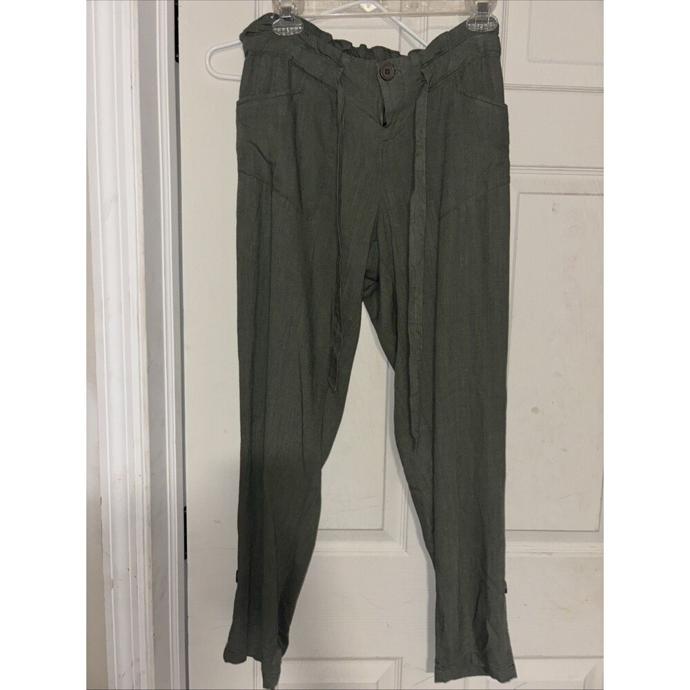 Cali 1850 Straight Leg Casual Pants Womens Small Green Elastic waist Linen Blend